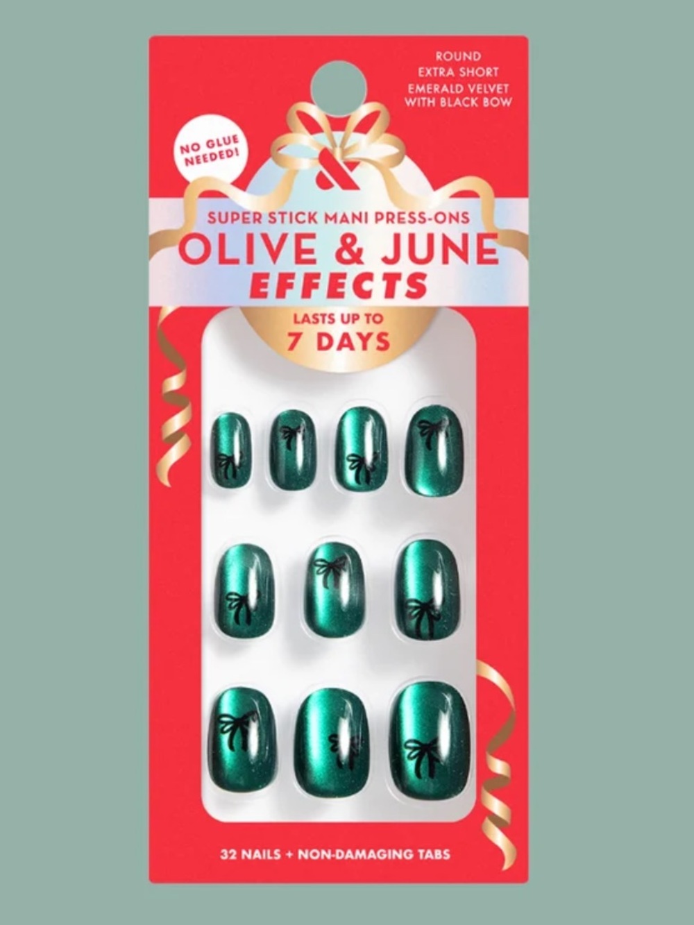 Olive and June Super Stick Mani Press On Nails in Emerald Velvet with Black Bow